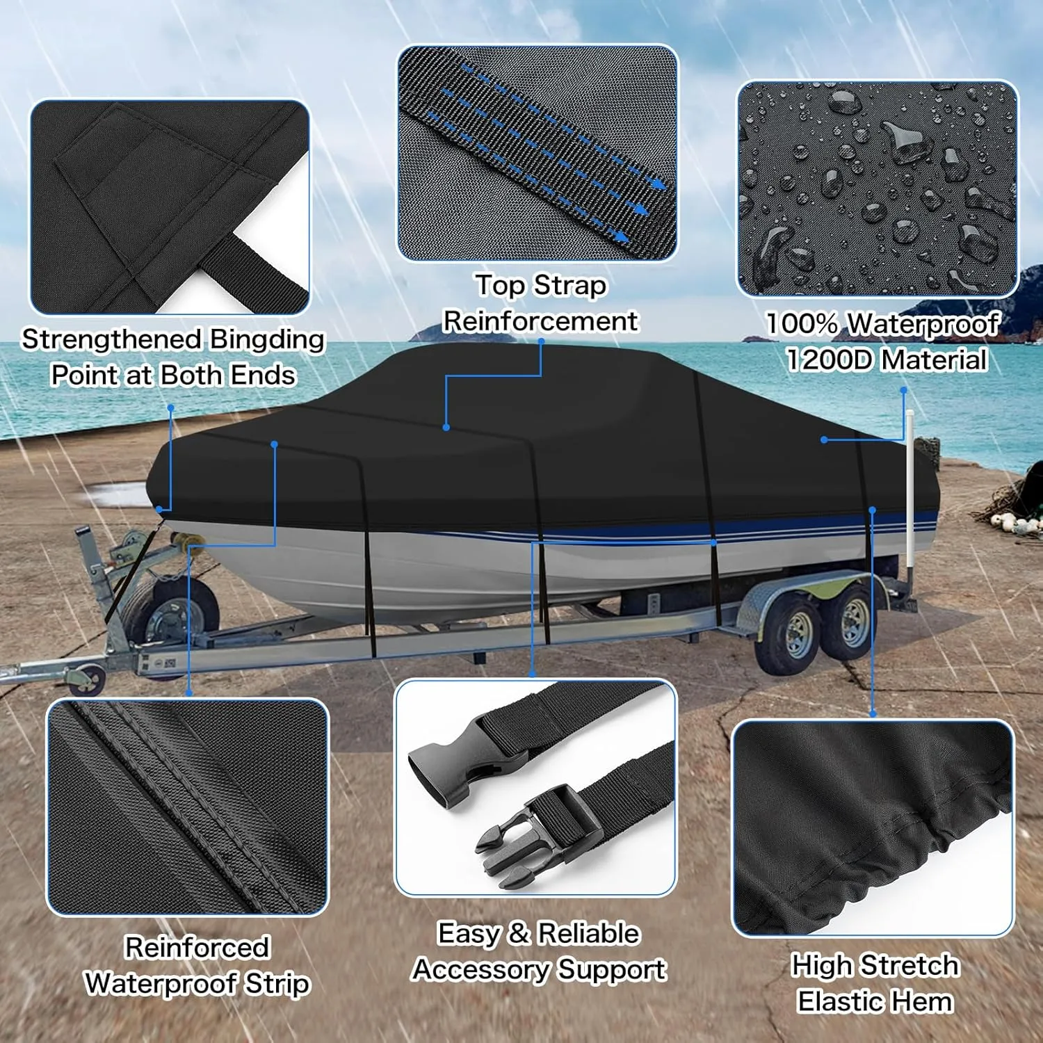 Heavy Duty 1200D PU Waterproof Boat Cover, 17'-19' Trailerable Marine Grade Polyester Canvas, Fits 17-19ft V-Hull, Bass, Runabout, Fishing, Ski Boat with Tightening Strap, Black