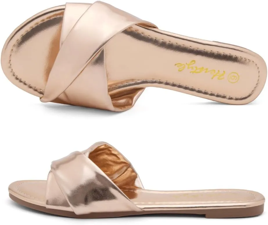Herstyle MARLENA Women’s Flat Sandals, Fashion Slides Comfortable Casual Sandals with Round Open Toe and Single Band – Dressy Slip-On Slippers for Summer