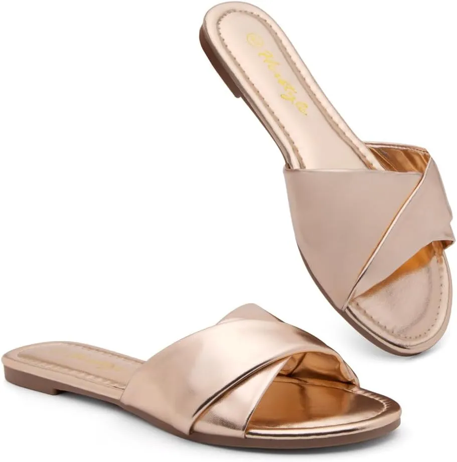 Herstyle MARLENA Women’s Flat Sandals, Fashion Slides Comfortable Casual Sandals with Round Open Toe and Single Band – Dressy Slip-On Slippers for Summer