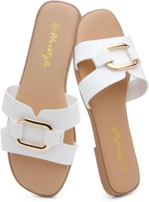 Herstyle Women's Flat Sandals 2025 – Trendy Square Open Toe Slides with Metal Chain, Memory Foam Cushioned Footbed, Slip-On Fashion Slippers for Summer
