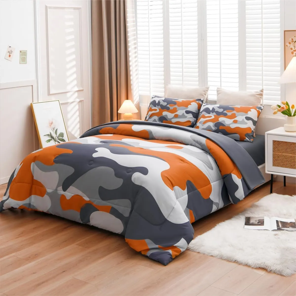 Holawakaka Full Size Camouflage Bedding Comforter Set with Sheets,Boys Girls Men Camo Bed in A Bag 5 Pieces,Kids Teens Dorm Bed Sets Neutral Farmhouse Lodge Cabin Army Bedspread (Orange, Full)