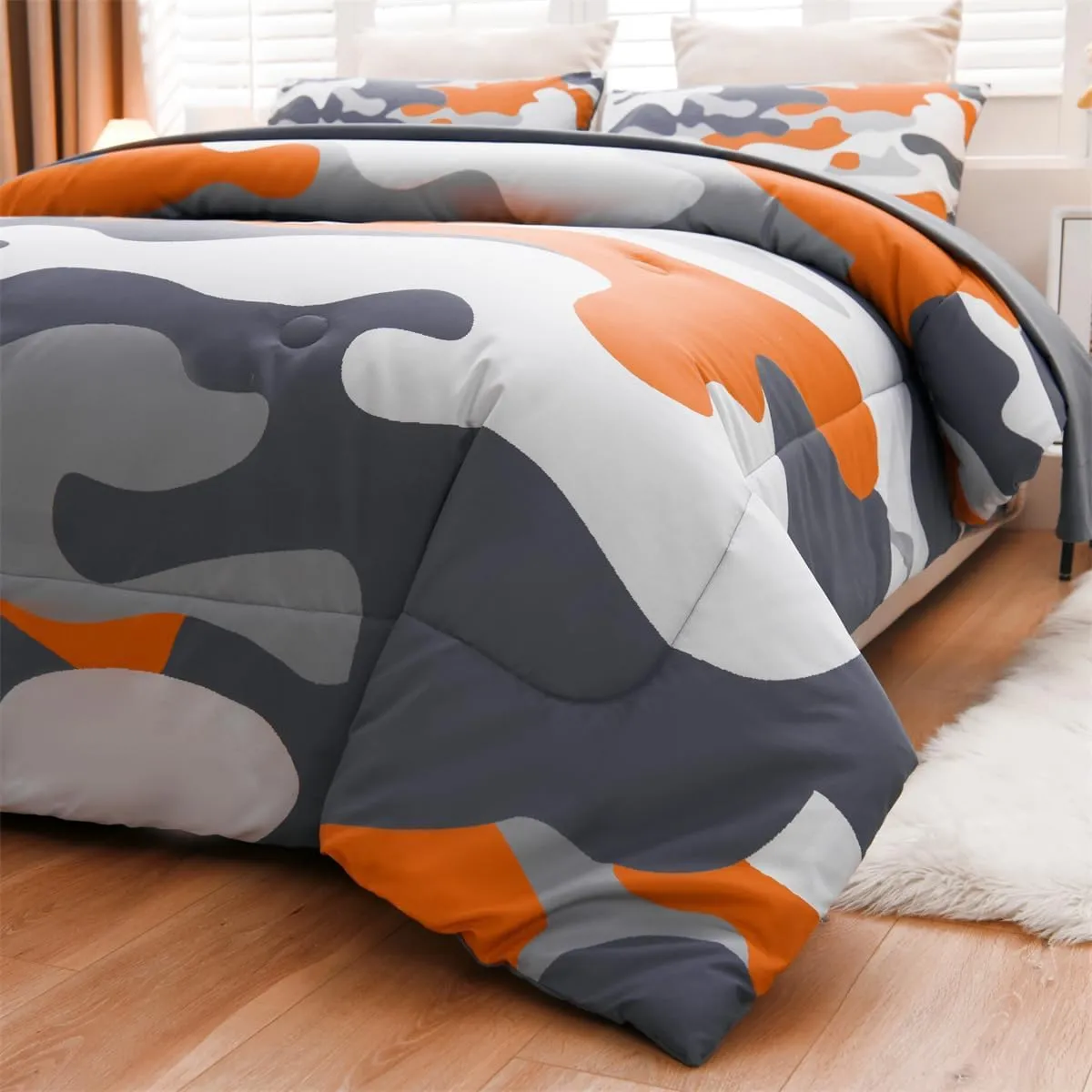 Holawakaka Full Size Camouflage Bedding Comforter Set with Sheets,Boys Girls Men Camo Bed in A Bag 5 Pieces,Kids Teens Dorm Bed Sets Neutral Farmhouse Lodge Cabin Army Bedspread (Orange, Full)