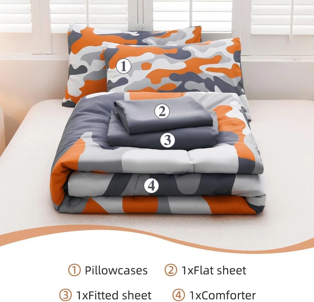 Holawakaka Full Size Camouflage Bedding Comforter Set with Sheets,Boys Girls Men Camo Bed in A Bag 5 Pieces,Kids Teens Dorm Bed Sets Neutral Farmhouse Lodge Cabin Army Bedspread (Orange, Full)