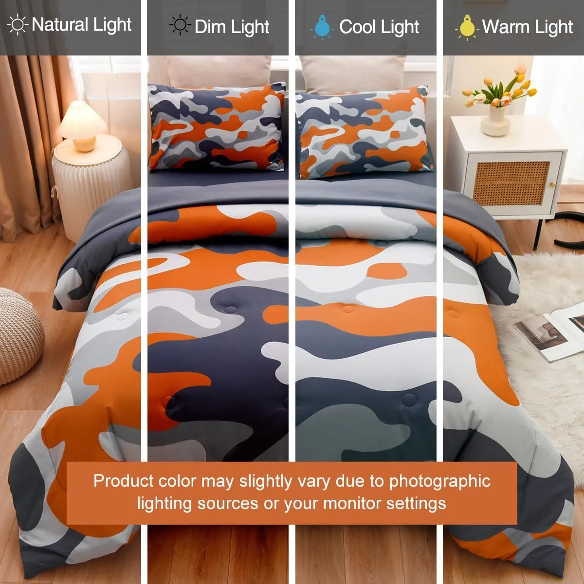 Holawakaka Full Size Camouflage Bedding Comforter Set with Sheets,Boys Girls Men Camo Bed in A Bag 5 Pieces,Kids Teens Dorm Bed Sets Neutral Farmhouse Lodge Cabin Army Bedspread (Orange, Full)