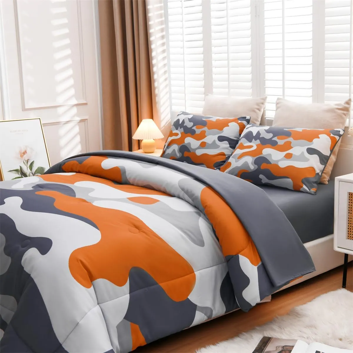Holawakaka Full Size Camouflage Bedding Comforter Set with Sheets,Boys Girls Men Camo Bed in A Bag 5 Pieces,Kids Teens Dorm Bed Sets Neutral Farmhouse Lodge Cabin Army Bedspread (Orange, Full)