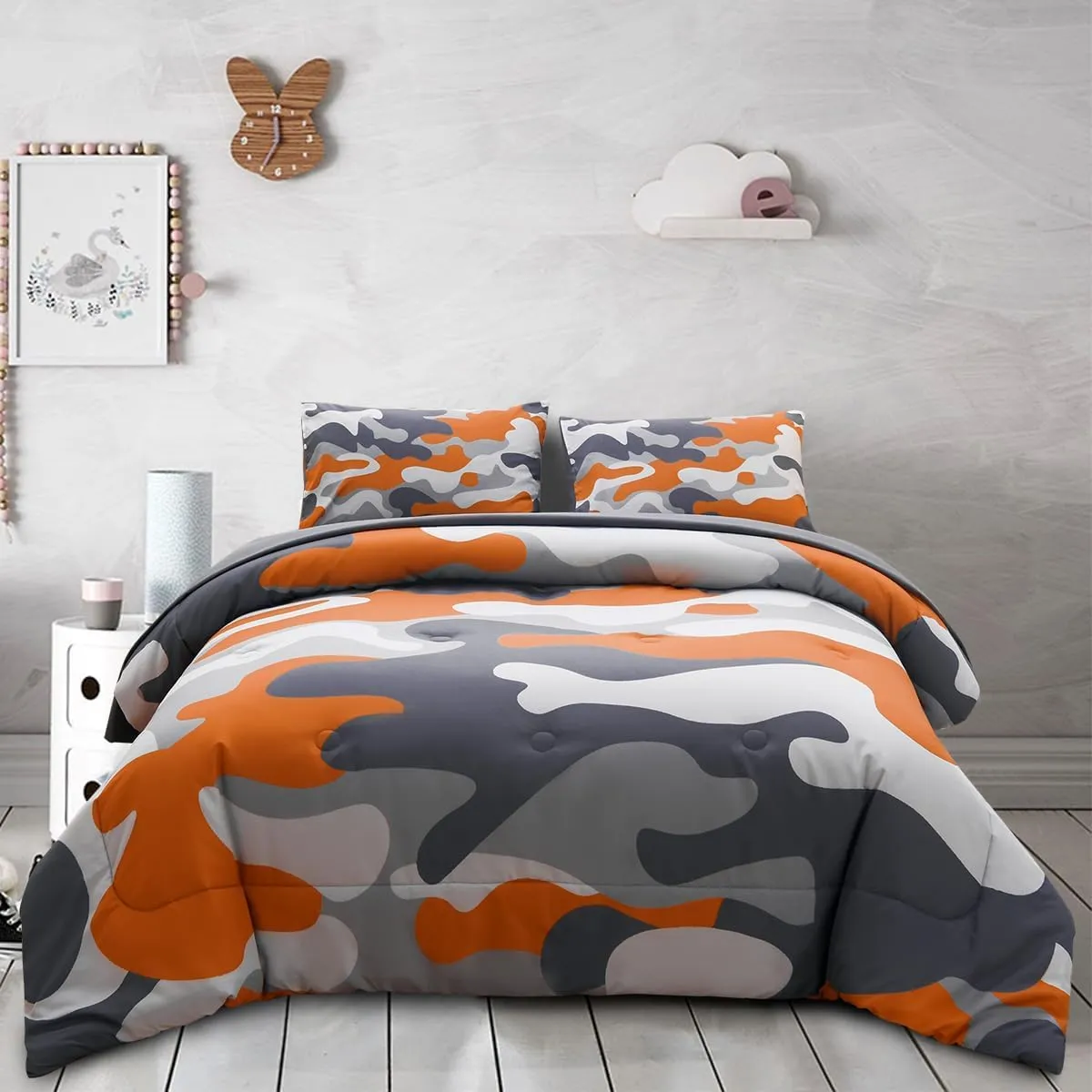 Holawakaka Full Size Camouflage Bedding Comforter Set with Sheets,Boys Girls Men Camo Bed in A Bag 5 Pieces,Kids Teens Dorm Bed Sets Neutral Farmhouse Lodge Cabin Army Bedspread (Orange, Full)