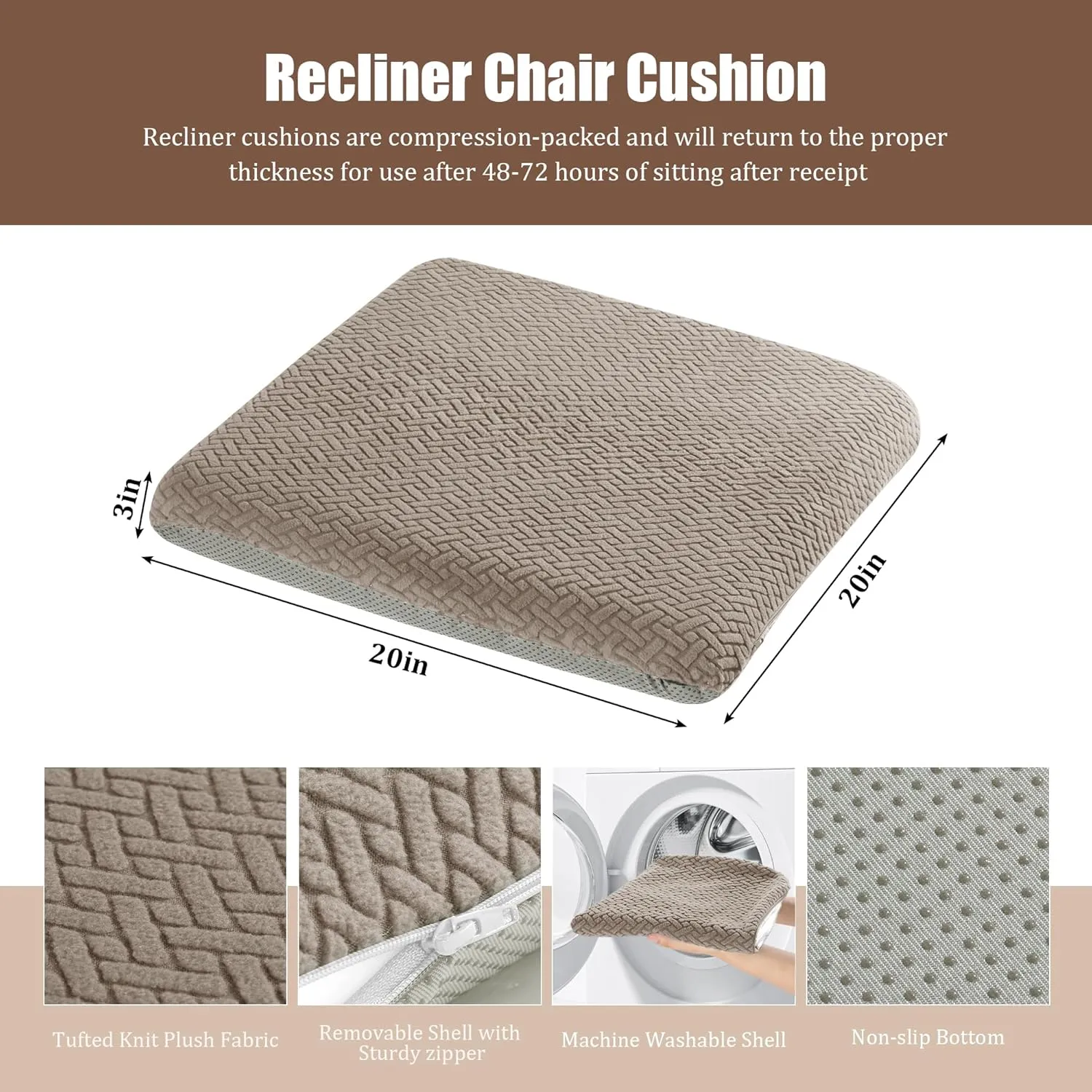 HOMBYS Tufted Furry Recliner Seat Cushion for Elderly Foam Curved Edge Large Square Seat Cushion for Recliner Chair, Floor Pillow, Office Chair, Car, No Pressure on Thighs, Brown