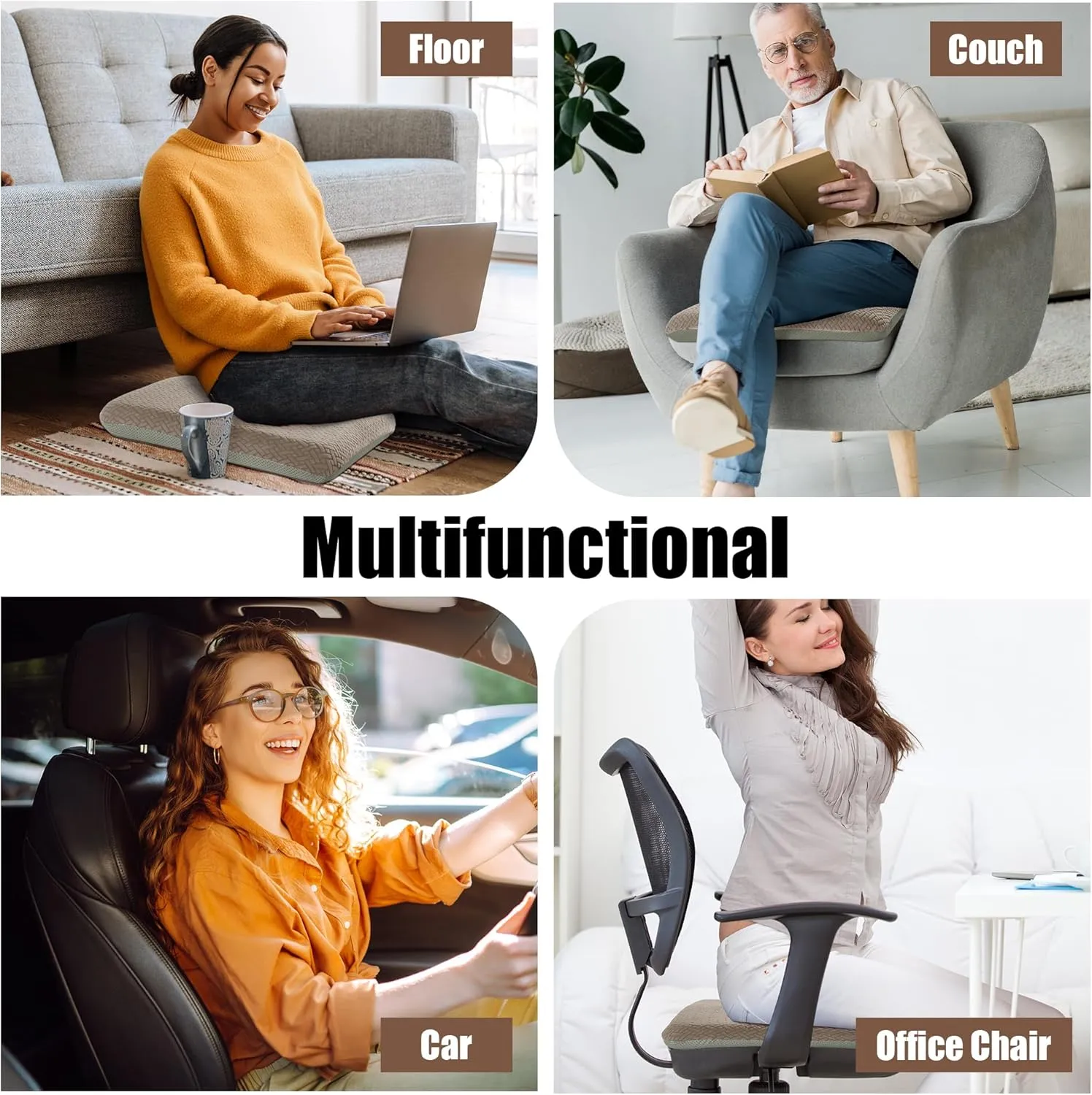 HOMBYS Tufted Furry Recliner Seat Cushion for Elderly Foam Curved Edge Large Square Seat Cushion for Recliner Chair, Floor Pillow, Office Chair, Car, No Pressure on Thighs, Brown