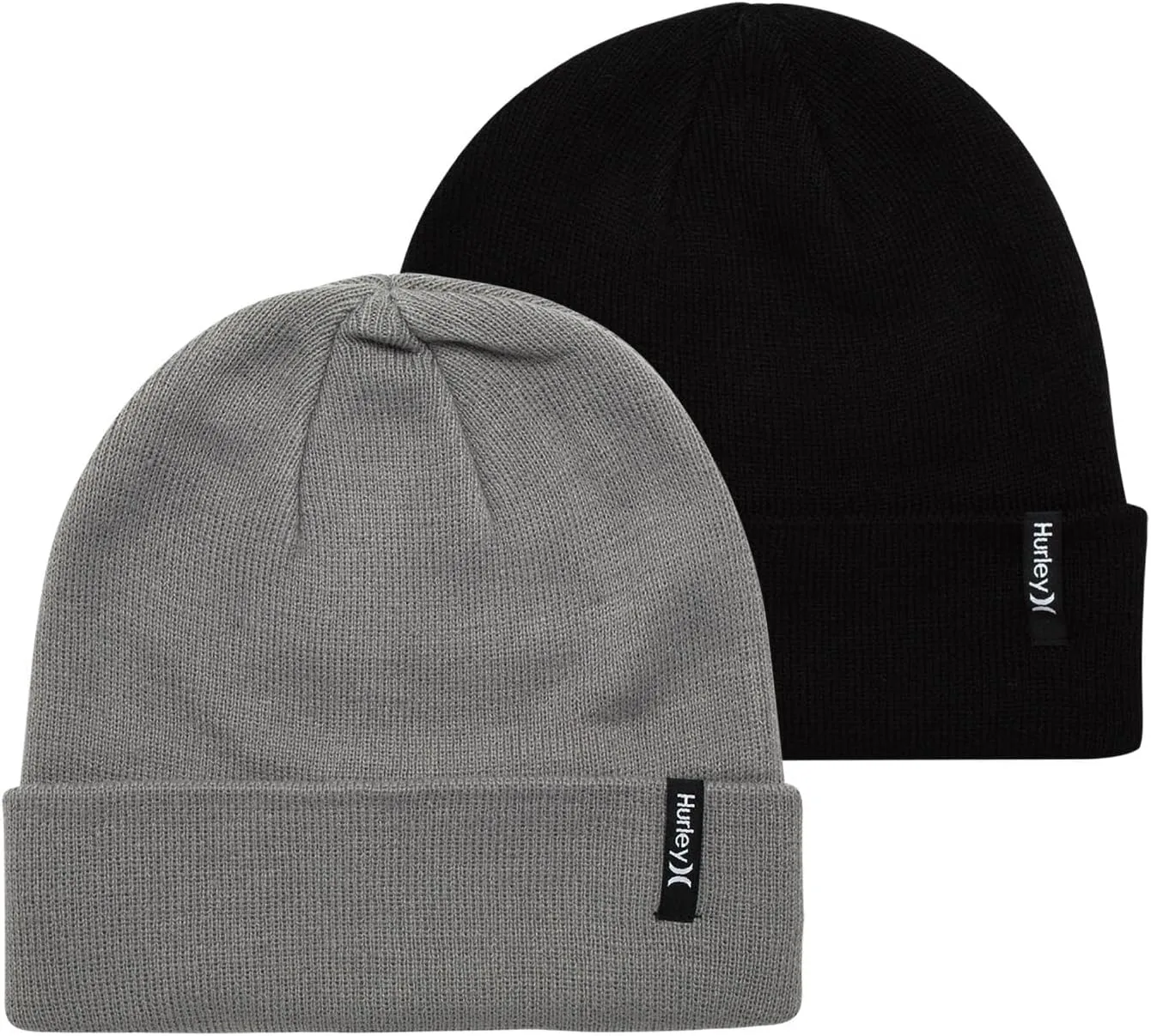 Hurley Men's Brigade Beanie Set - 2 Pack Double Layered Flat Knit Beanies for Men - Men's Soft Cuffed Winter Beanie Hats