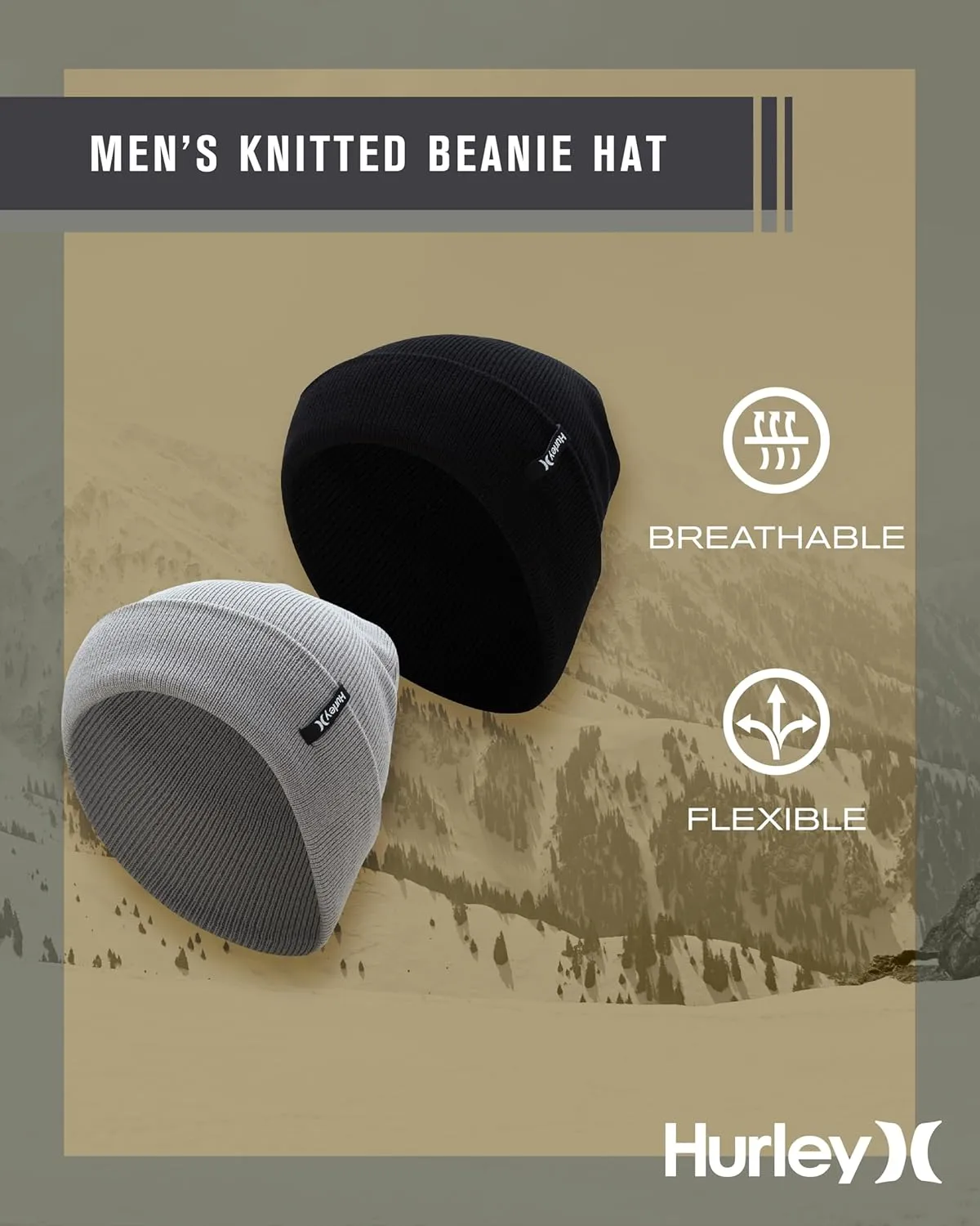 Hurley Men's Brigade Beanie Set - 2 Pack Double Layered Flat Knit Beanies for Men - Men's Soft Cuffed Winter Beanie Hats