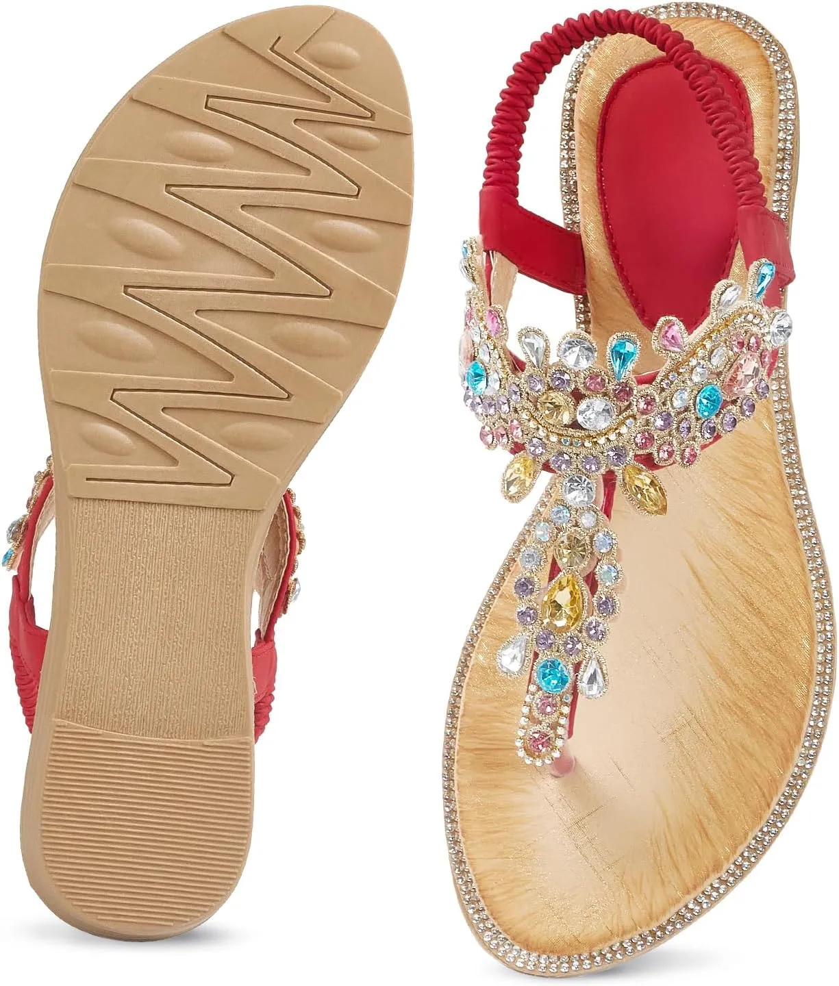 iCKER Women Rhinestone Sandals T-Strap Buckle Bohemian Pearl Crystal Flat Sandals