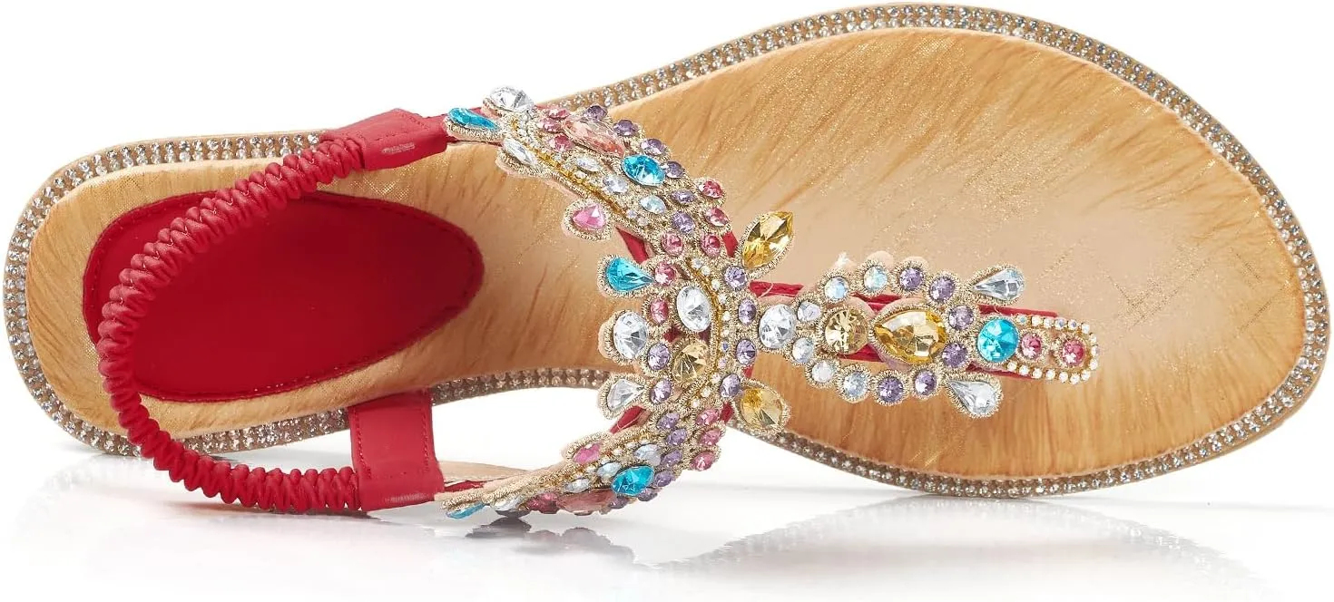 iCKER Women Rhinestone Sandals T-Strap Buckle Bohemian Pearl Crystal Flat Sandals
