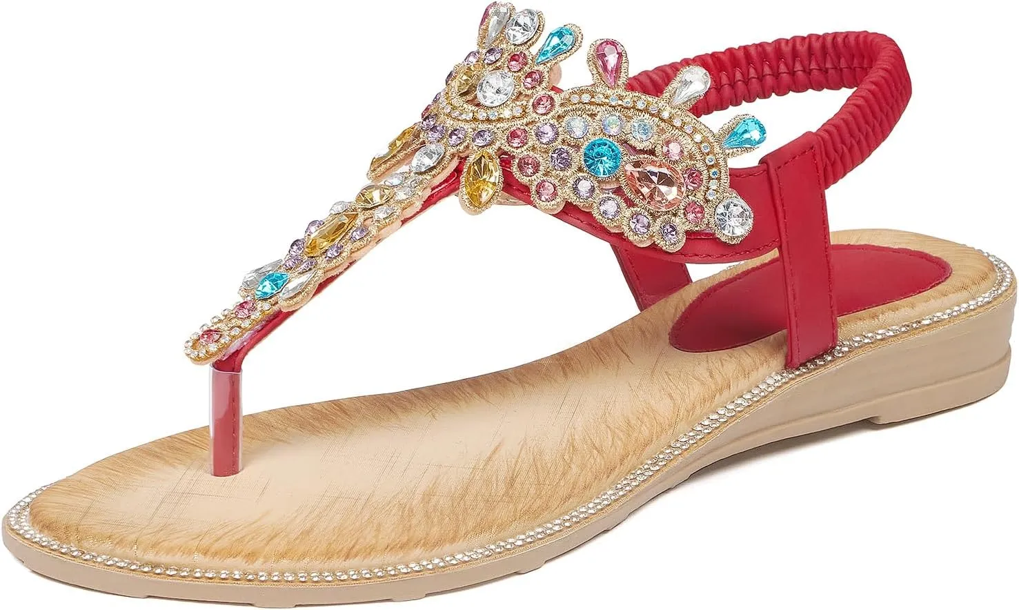 iCKER Women Rhinestone Sandals T-Strap Buckle Bohemian Pearl Crystal Flat Sandals