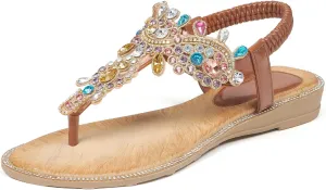 iCKER Women Rhinestone Sandals T-Strap Buckle Bohemian Pearl Crystal Flat Sandals
