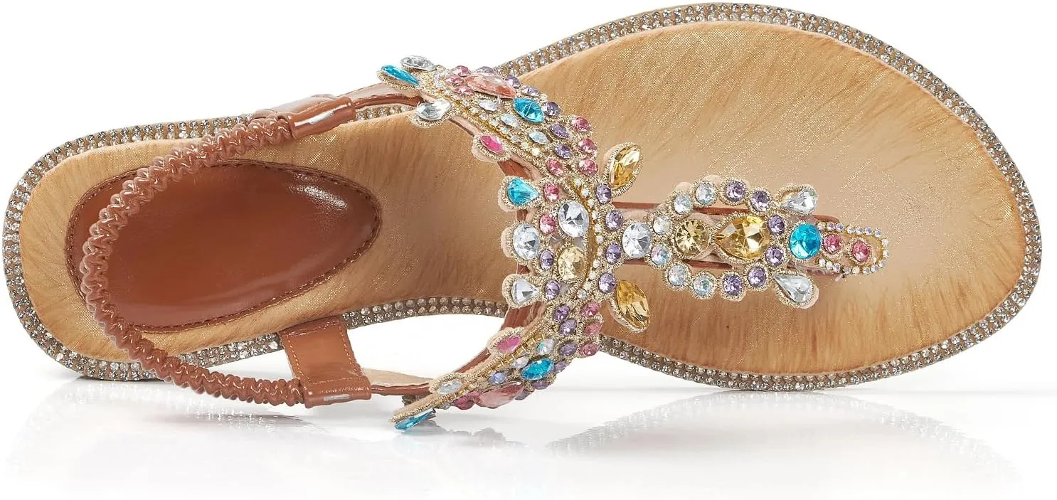 iCKER Women Rhinestone Sandals T-Strap Buckle Bohemian Pearl Crystal Flat Sandals