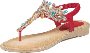 iCKER Women Rhinestone Sandals T-Strap Buckle Bohemian Pearl Crystal Flat Sandals