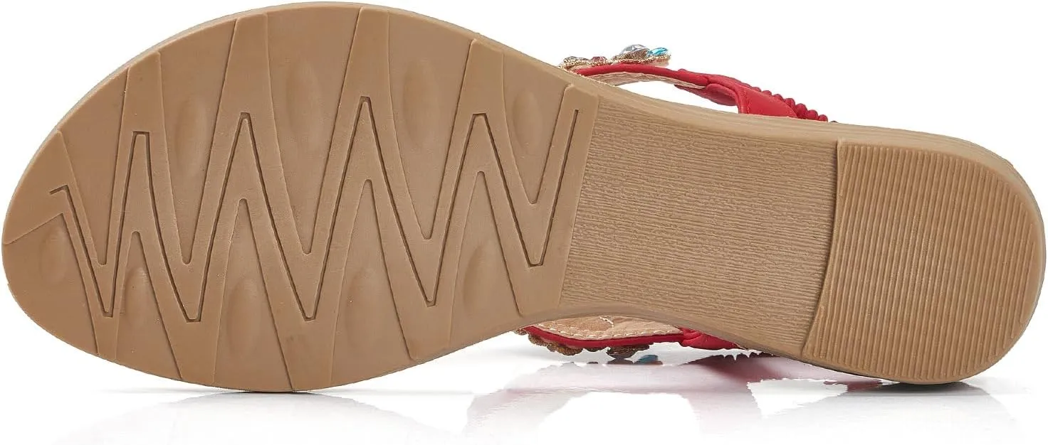iCKER Women Rhinestone Sandals T-Strap Buckle Bohemian Pearl Crystal Flat Sandals