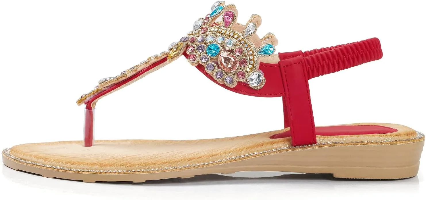 iCKER Women Rhinestone Sandals T-Strap Buckle Bohemian Pearl Crystal Flat Sandals