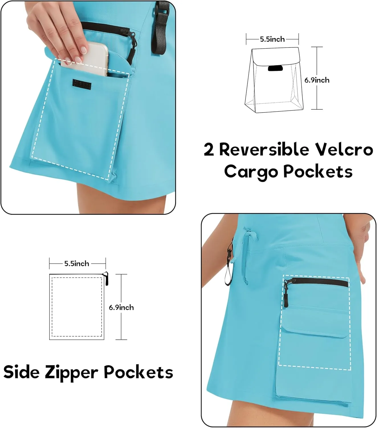 Idtswch Women's 16" High Waisted Hiking Cargo Skort with Zipper Pockets - Quick Dry Golf & Workout Skirt