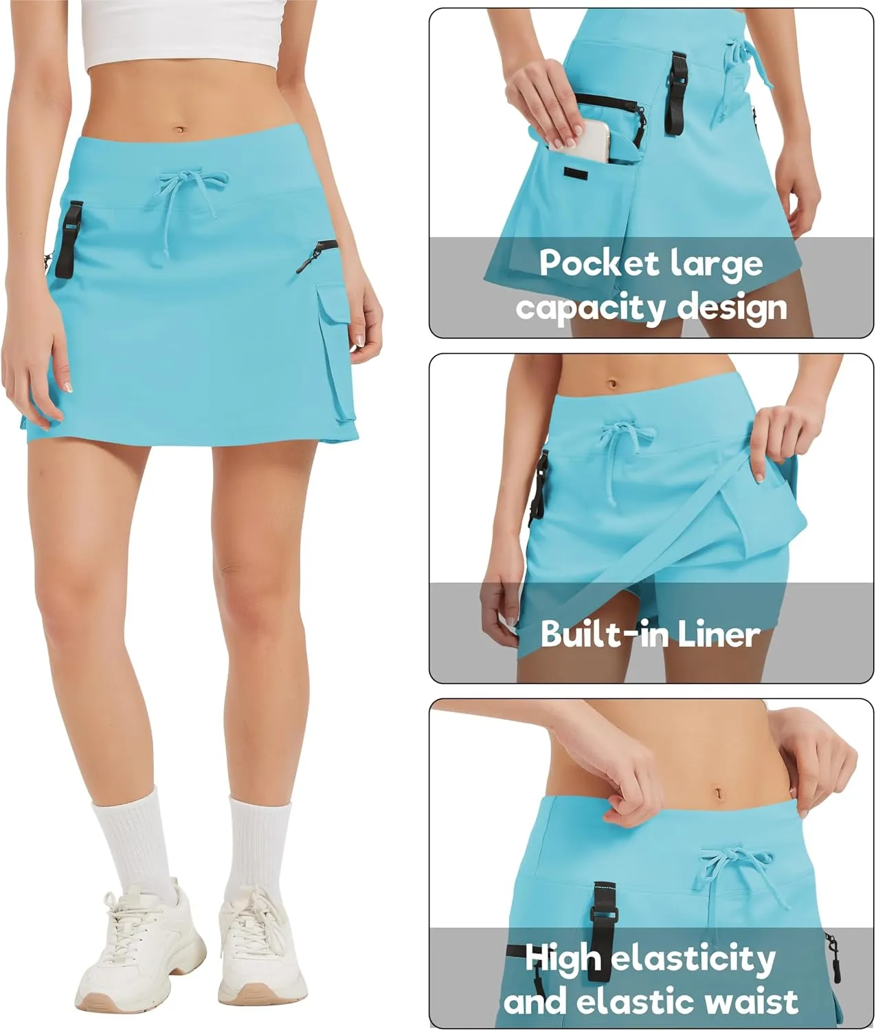 Idtswch Women's 16" High Waisted Hiking Cargo Skort with Zipper Pockets - Quick Dry Golf & Workout Skirt