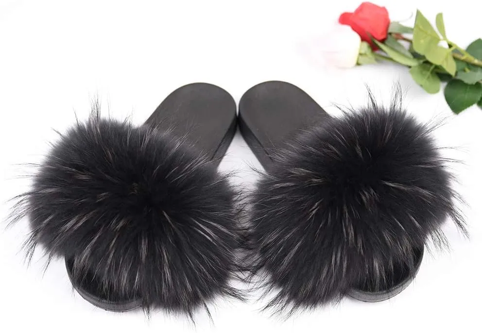 Jancoco Max Womens Fur Sliders Slippers Raccoon Fur Furry Slides Fashion Flat Soft Open Toe Fluffy Sandals