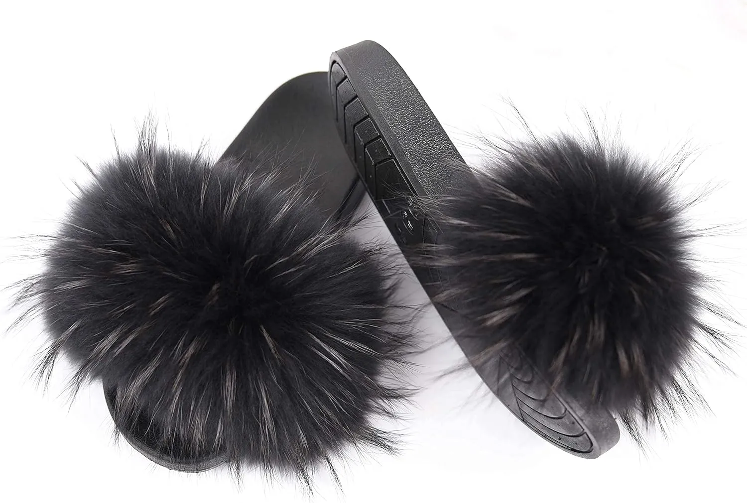 Jancoco Max Womens Fur Sliders Slippers Raccoon Fur Furry Slides Fashion Flat Soft Open Toe Fluffy Sandals