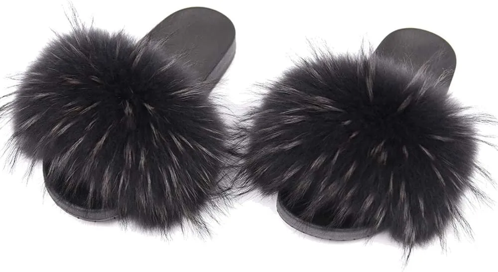 Jancoco Max Womens Fur Sliders Slippers Raccoon Fur Furry Slides Fashion Flat Soft Open Toe Fluffy Sandals
