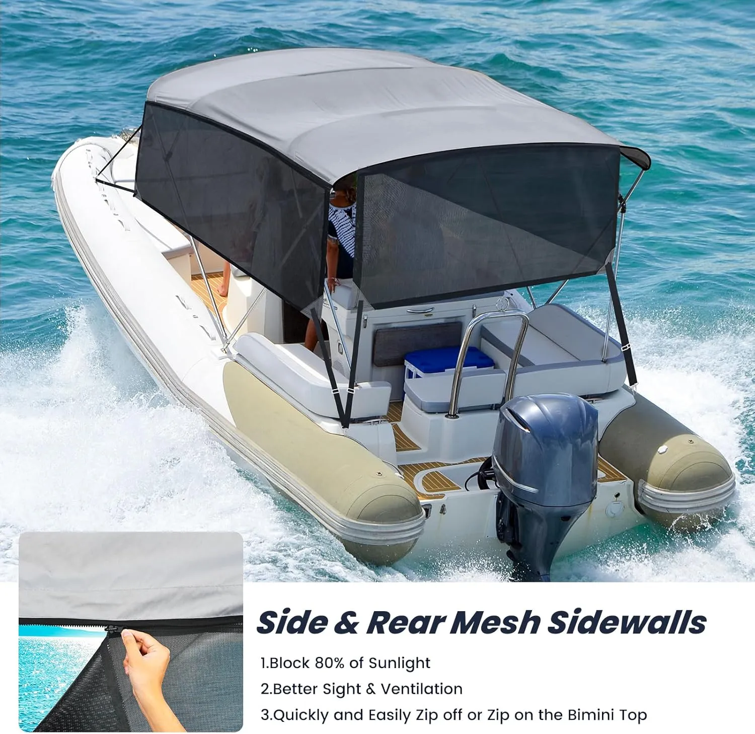 KAKIT 3 4 Bow Bimini Tops for Boats with 3 Mesh Sidewalls Rear Support Poles Boat Canopy Includes Straps Storage Boot, Dark Gray