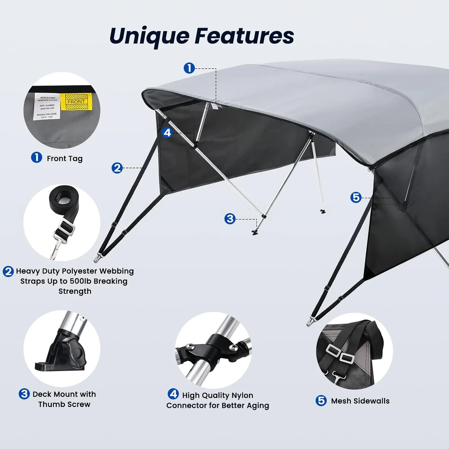 KAKIT 3 4 Bow Bimini Tops for Boats with 3 Mesh Sidewalls Rear Support Poles Boat Canopy Includes Straps Storage Boot, Dark Gray