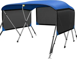 KAKIT 3 4 Bow Bimini Tops for Boats with 3 Mesh Sidewalls Rear Support Poles Boat Canopy Includes Straps Storage Boot, Dark Gray