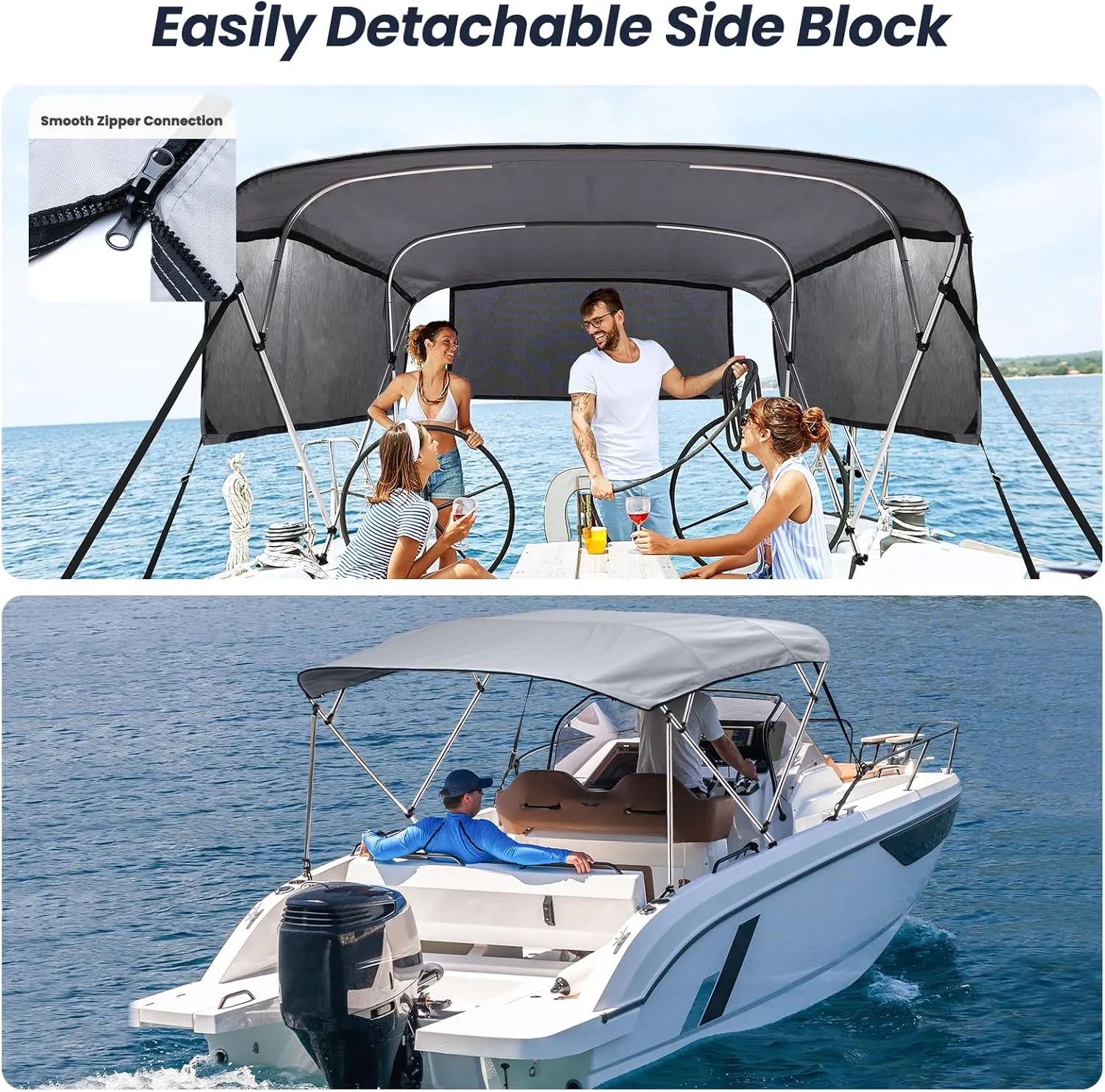 KAKIT 3 4 Bow Bimini Tops for Boats with 3 Mesh Sidewalls Rear Support Poles Boat Canopy Includes Straps Storage Boot, Dark Gray