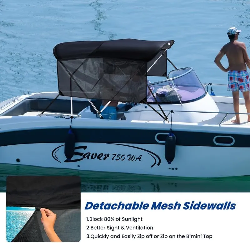 KAKIT 3 4 Bow Bimini Tops with Mesh Sidewalls Support Poles for Boats Marine Grade Canvas Top Includes 2 Straps Storage Boot 1 Inch Aluminum Frame