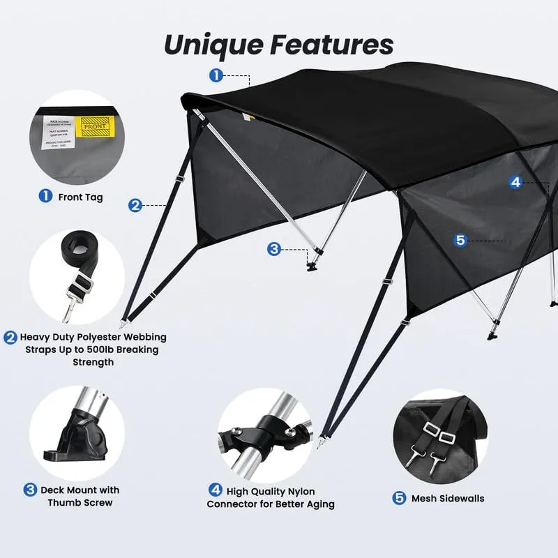 KAKIT 3 4 Bow Bimini Tops with Mesh Sidewalls Support Poles for Boats Marine Grade Canvas Top Includes 2 Straps Storage Boot 1 Inch Aluminum Frame