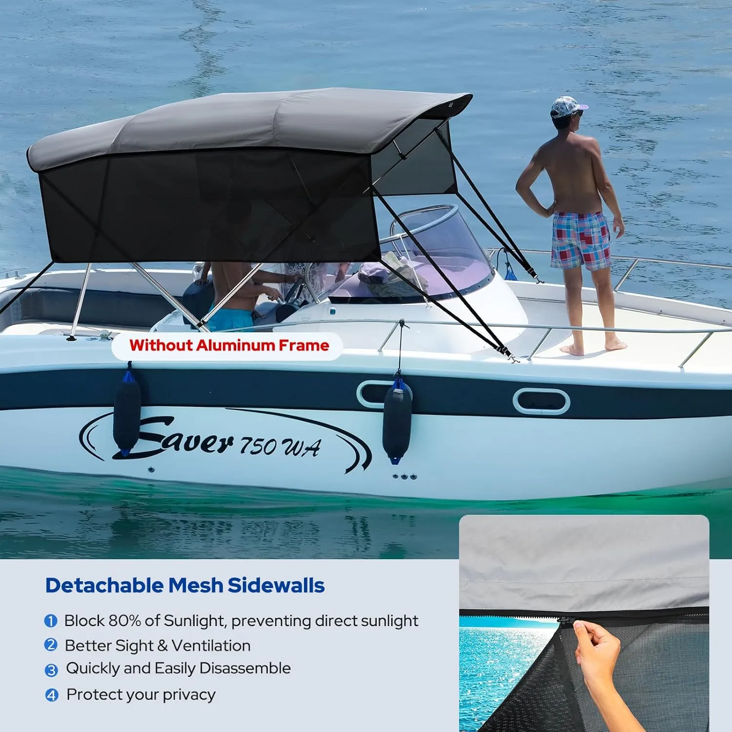KAKIT 4 Bow Bimini Top Replacement Canvas Only, No Frame 900D Oxford Boat Top with 2 Detachable Mesh Sidewalls, 2 Straps & Storage Boot