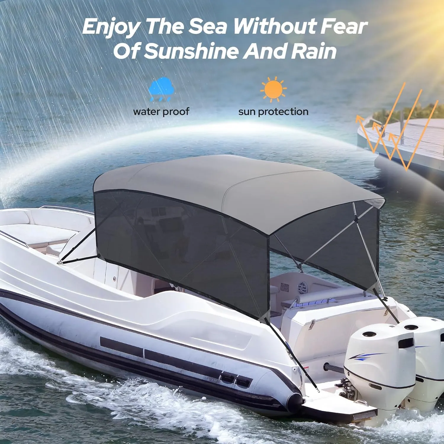 KAKIT 4 Bow Bimini Top Replacement Canvas Only, No Frame 900D Oxford Boat Top with 2 Detachable Mesh Sidewalls, 2 Straps & Storage Boot