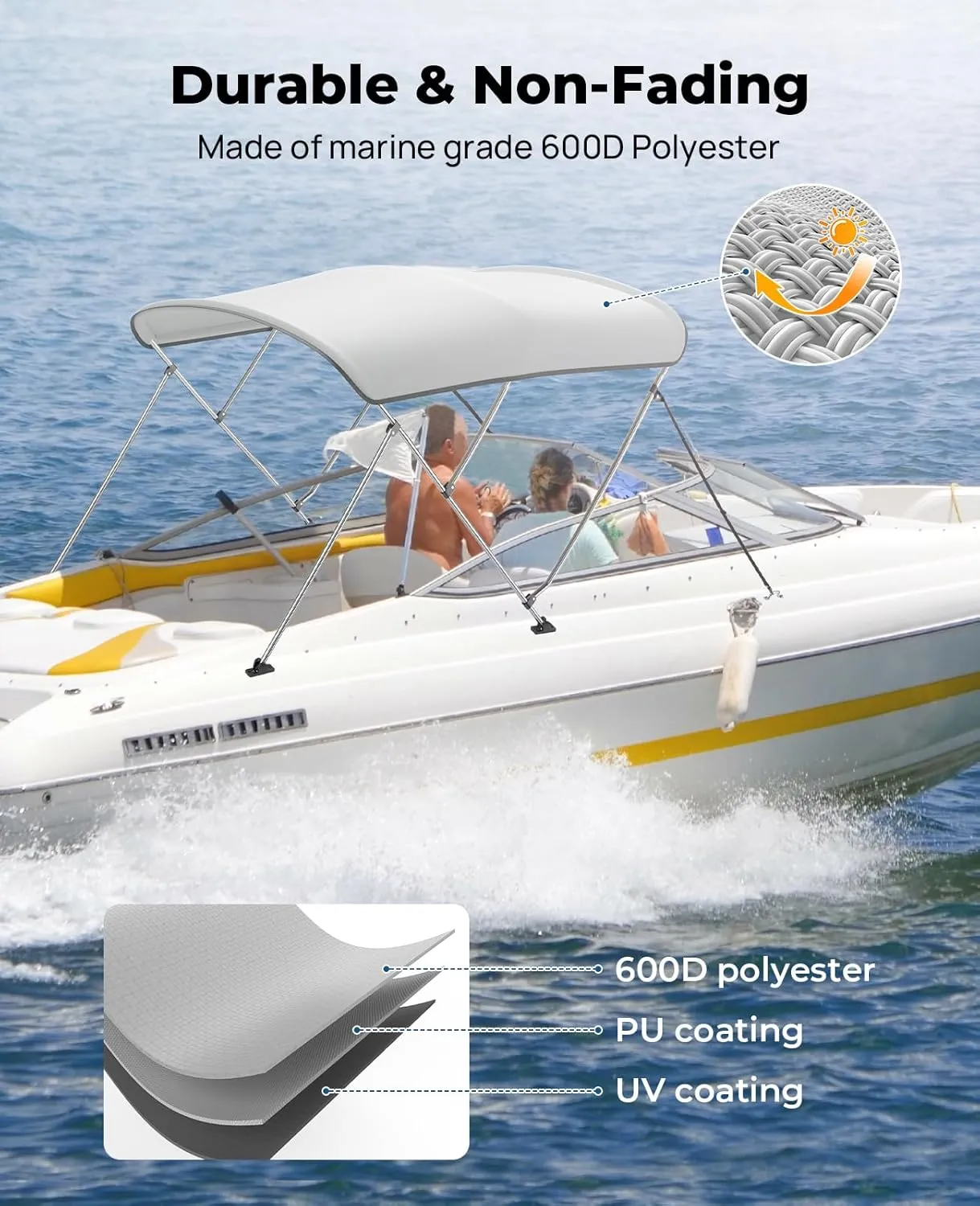 KEMIMOTO Bimini Top for Boat, Bimini Tops Cover 600D Marine Grade Canvas Boat Canopy with 6ft Length 54 in - 96 in Width 46 in Height, Includes Mounting Hardware, Straps Rear Support Poles