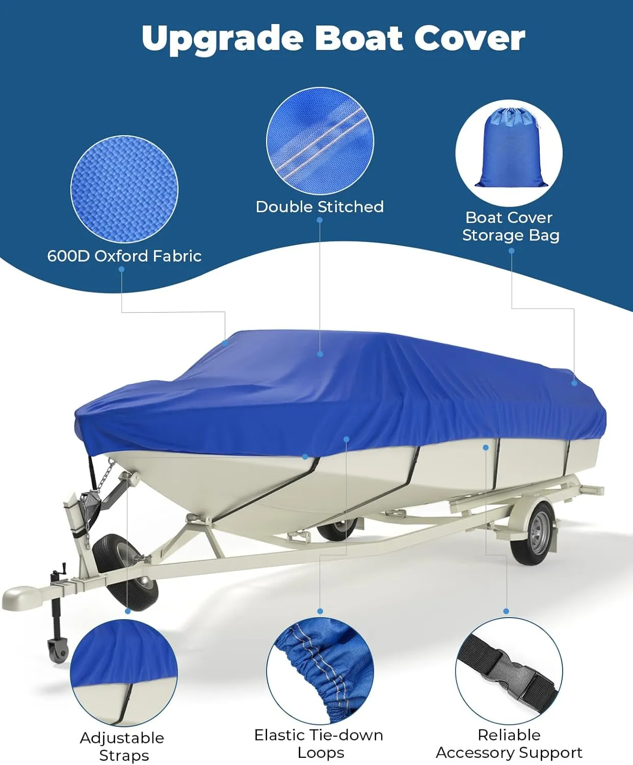 KEMIMOTO Boat Cover 14-16 ft, Heavy Duty 600D UV Resistant Waterproof Oxford Fabric, Trailerable Boat Cover for V-Hull Pro-Style Fishing Boat