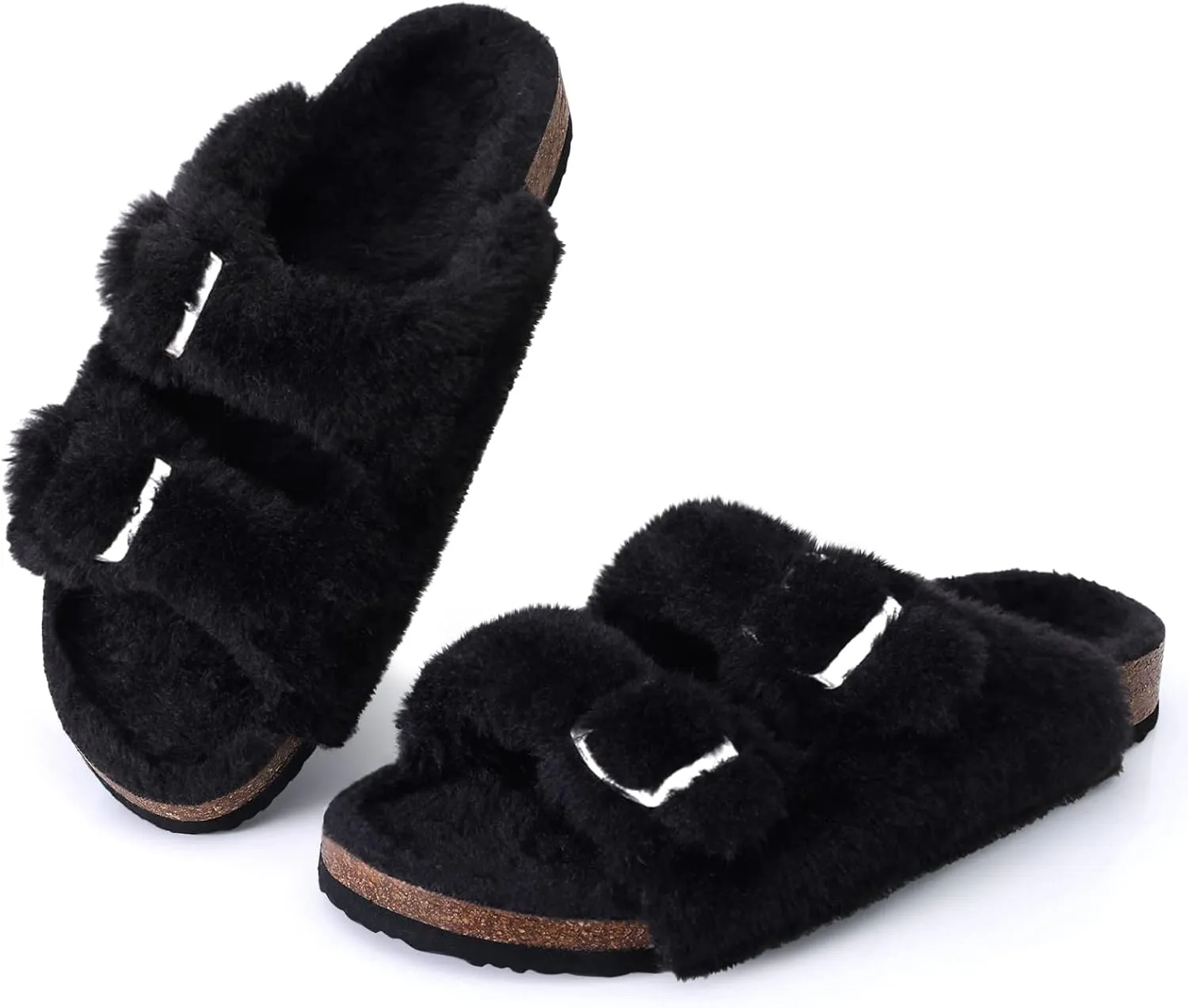 KIDMI Fuzzy Slippers Women with Cork Footbed Fluffy Slides Open Toe Indoor House Shoes | Arch Support | Adjustable Buckles