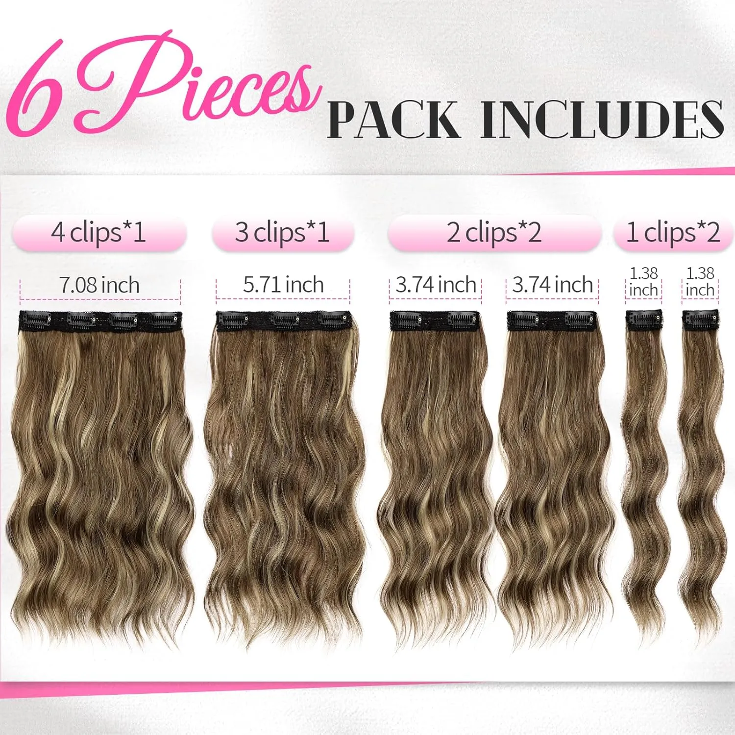 KooKaStyle Clip in Hair Extensions 6PCS Short Synthetic Hair Extensions Soft Wavy Curly Hairpieces for Women 14Inch(Light Brown with Caramel Blonde)
