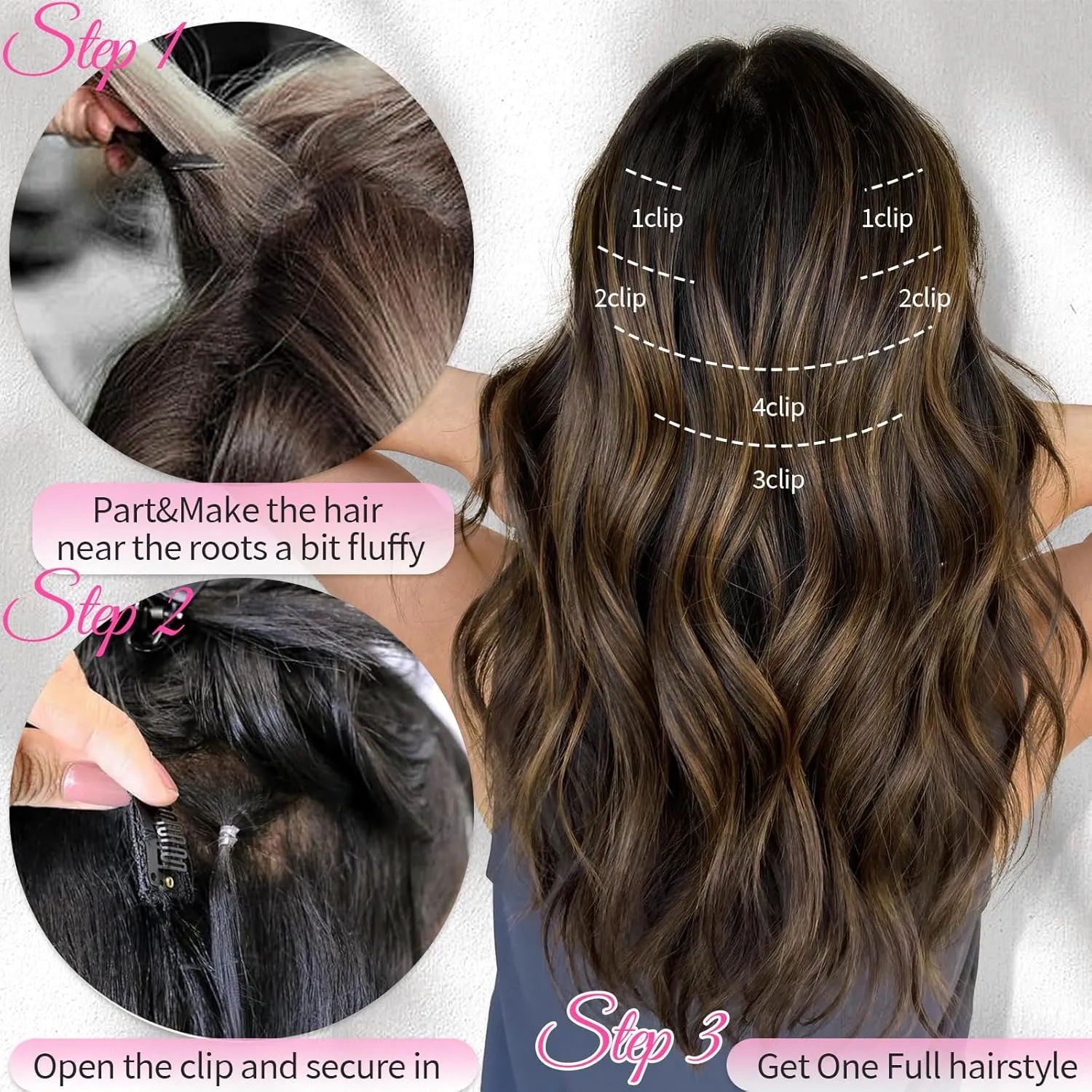 KooKaStyle Clip in Hair Extensions 6PCS Short Synthetic Hair Extensions Soft Wavy Curly Hairpieces for Women 14Inch(Light Brown with Caramel Blonde)