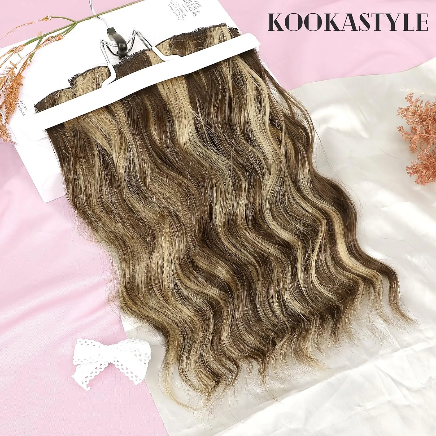 KooKaStyle Clip in Hair Extensions 6PCS Short Synthetic Hair Extensions Soft Wavy Curly Hairpieces for Women 14Inch(Light Brown with Caramel Blonde)