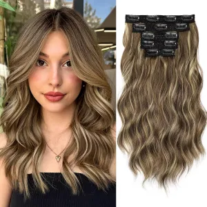 KooKaStyle Clip in Hair Extensions 6PCS Short Synthetic Hair Extensions Soft Wavy Curly Hairpieces for Women 14Inch(Light Brown with Caramel Blonde)
