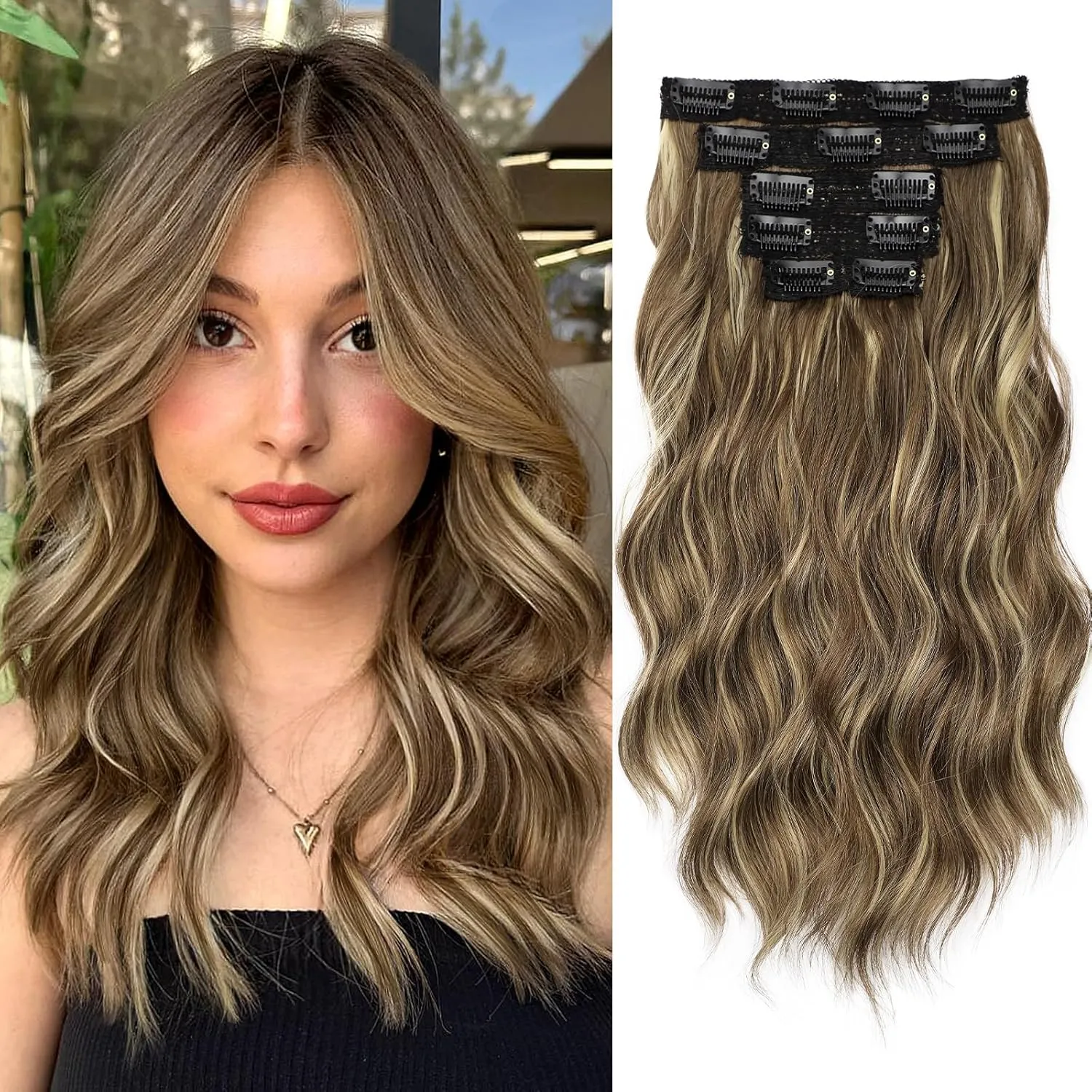 KooKaStyle Clip in Hair Extensions 6PCS Short Synthetic Hair Extensions Soft Wavy Curly Hairpieces for Women 14Inch(Light Brown with Caramel Blonde)