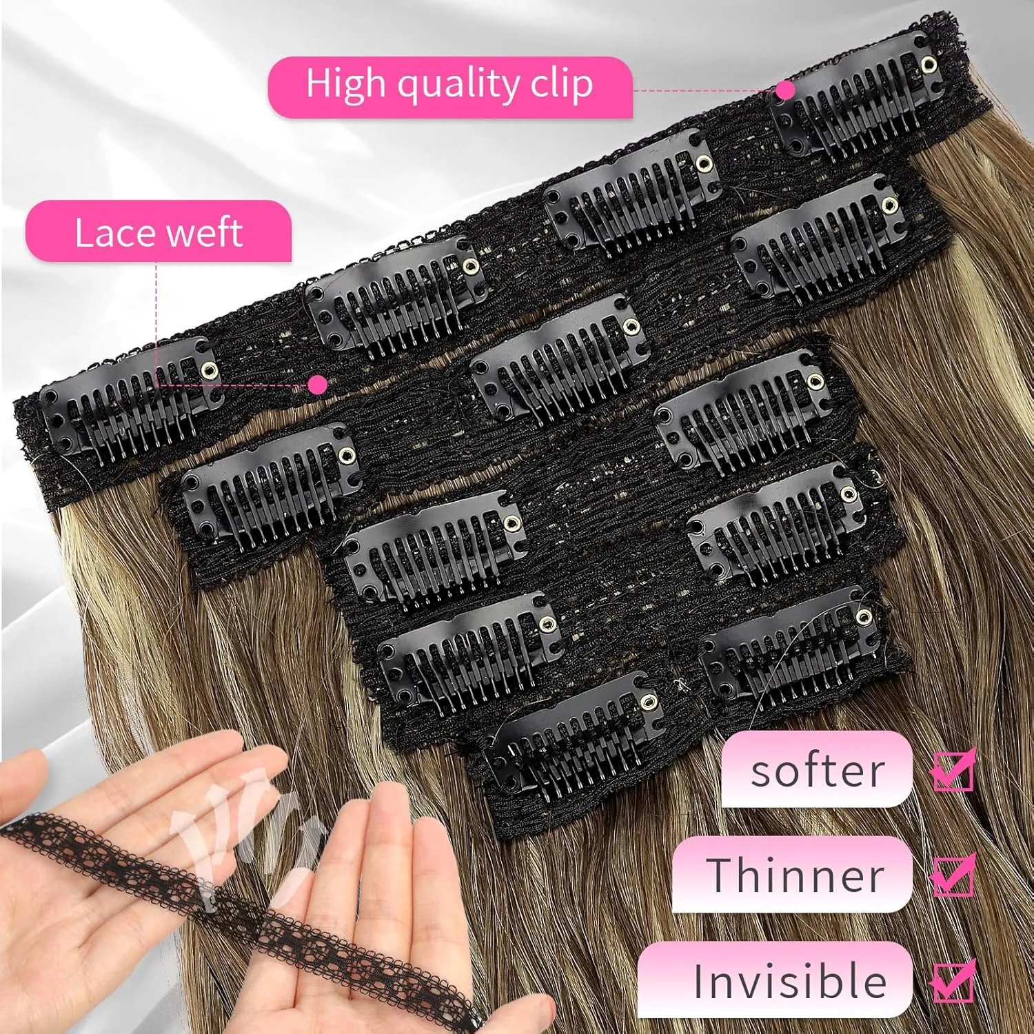KooKaStyle Clip in Hair Extensions 6PCS Short Synthetic Hair Extensions Soft Wavy Curly Hairpieces for Women 14Inch(Light Brown with Caramel Blonde)