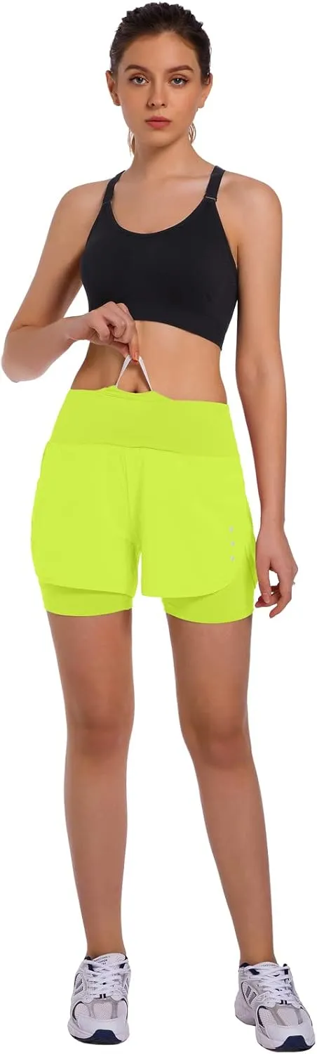 Ksmien Women's 2 in 1 Running Shorts - Lightweight Athletic Workout Gym Yoga Shorts Liner with Phone Pockets
