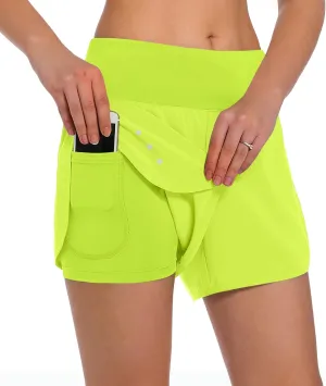 Ksmien Women's 2 in 1 Running Shorts - Lightweight Athletic Workout Gym Yoga Shorts Liner with Phone Pockets