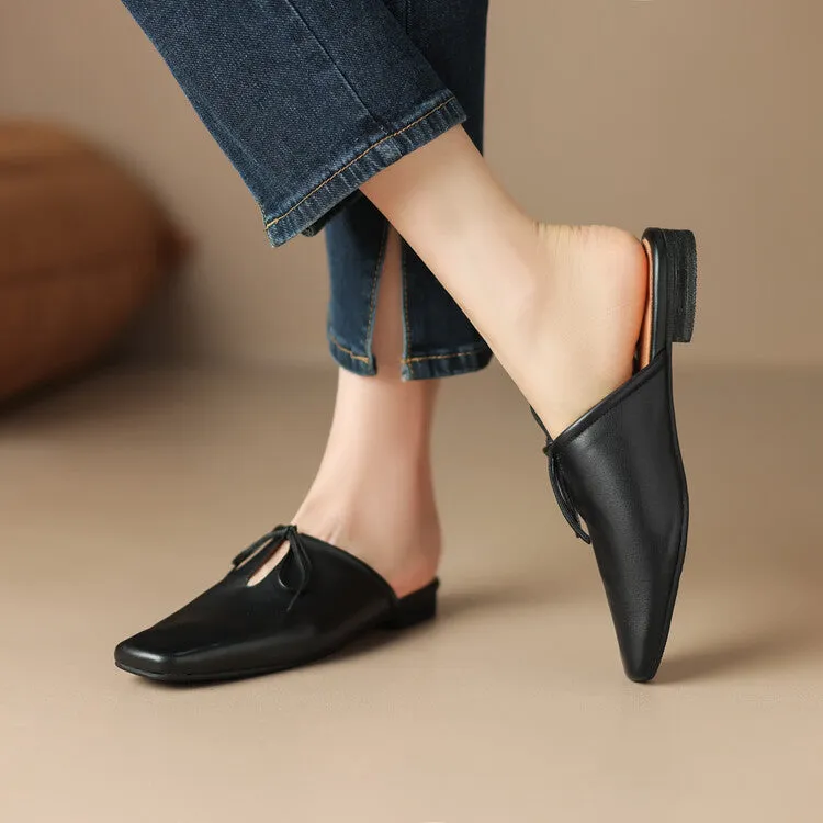 Ladies Square Toe Soft Genuine Leather Lace-up Flat Mule Slip on