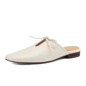 Ladies Square Toe Soft Genuine Leather Lace-up Flat Mule Slip on