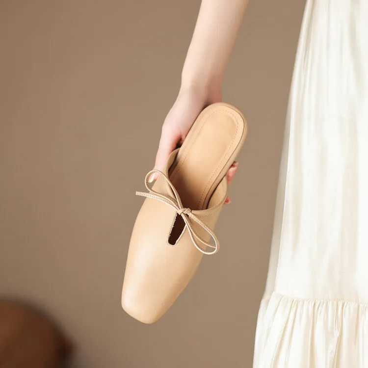 Ladies Square Toe Soft Genuine Leather Lace-up Flat Mule Slip on