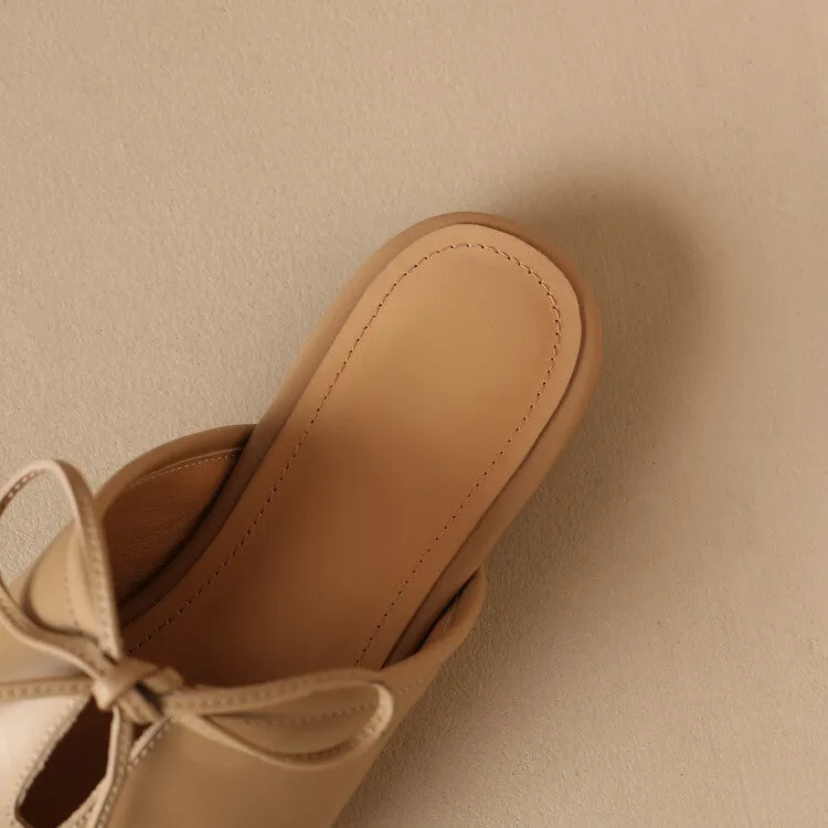 Ladies Square Toe Soft Genuine Leather Lace-up Flat Mule Slip on